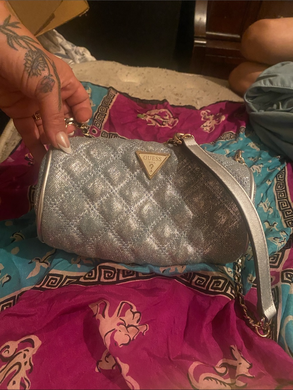 GUESS Metallic Silver Quilted Mini Barrel Bag